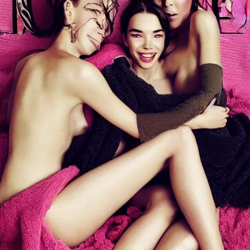 Image similar to stunning vogue magazine photo of dark - haired goddesses vanessa kirby, hailee steinfeld, and bjork smiling, legs intertwined, laying back on the bed, sharing a towel, with wet faces!!, wet lips, smooth skin, perfect eyes, insanely detailed, elegant, by wlop, rutkowski, livia prima, mucha, wlop,