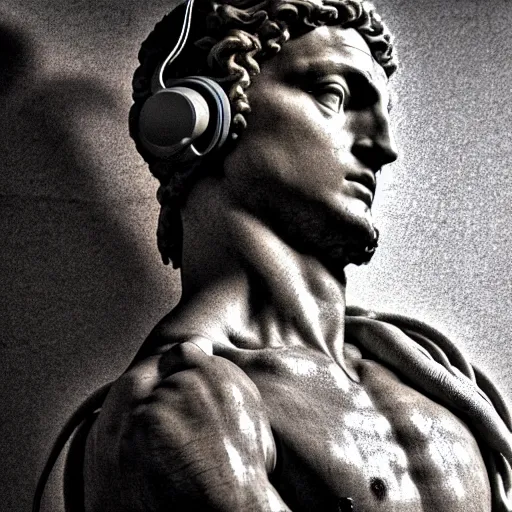 Image similar to a photo of michelangelo's sculpture of david wearing headphones, hyper realistic, ambient lighting, concept art, intricate, hyper detailed, smooth, dynamic volumetric lighting, octane, cinematic, high quality, high resolution, 4 k