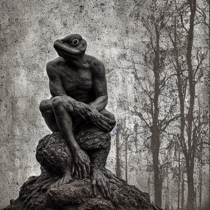 Image similar to toad philosopher The Thinker, swamp, by Auguste Rodin, symmetric, by Irving Penn, bokeh , top cinematic lighting , cinematic mood, very detailed, shot in canon, 8k ,