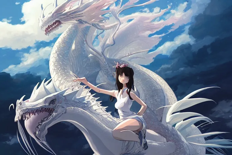 Prompt: a hyper detailed render that a beautiful girl sitting on the back of a huge silver white dragon alone in fairyland surrounded by white clouds, finely detailed angelic face, style of studio ghibli, makoto shinkai, xision, ilya kuvshinov and artgerm, kazuki tanahashi, james jean, animation style, curve composition, ultra wide angle