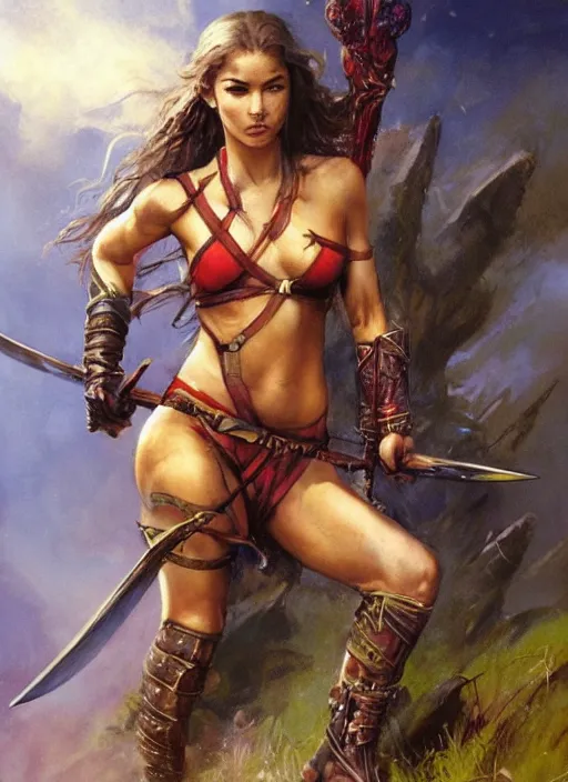 Image similar to hyper realistic warrior girl with sword in her hand, full body, rule of thirds, human proportion, good anatomy, beautiful face, conceptart, saturated colors, cinematic, vallejo, frazetta, royo, rowena morrill, cinematic