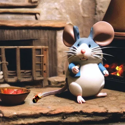 Image similar to studio ghibli mouse dressed in medieval clothing sitting is a big blue armchair, warm lighting, sitting by a small fireplace