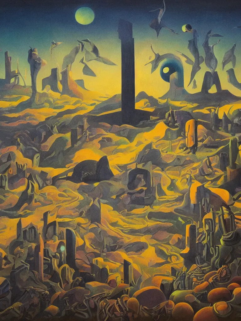 Prompt: bright dramatic lighting colorful surrealist oil painting titled'now we will all be sisters of the fossil blood of the moon ', magical realism symbolist, ruined city landscape with hybrid animal protagonist, painted by grant wood and rene magritte, shocking detail trending on artstation 8 k