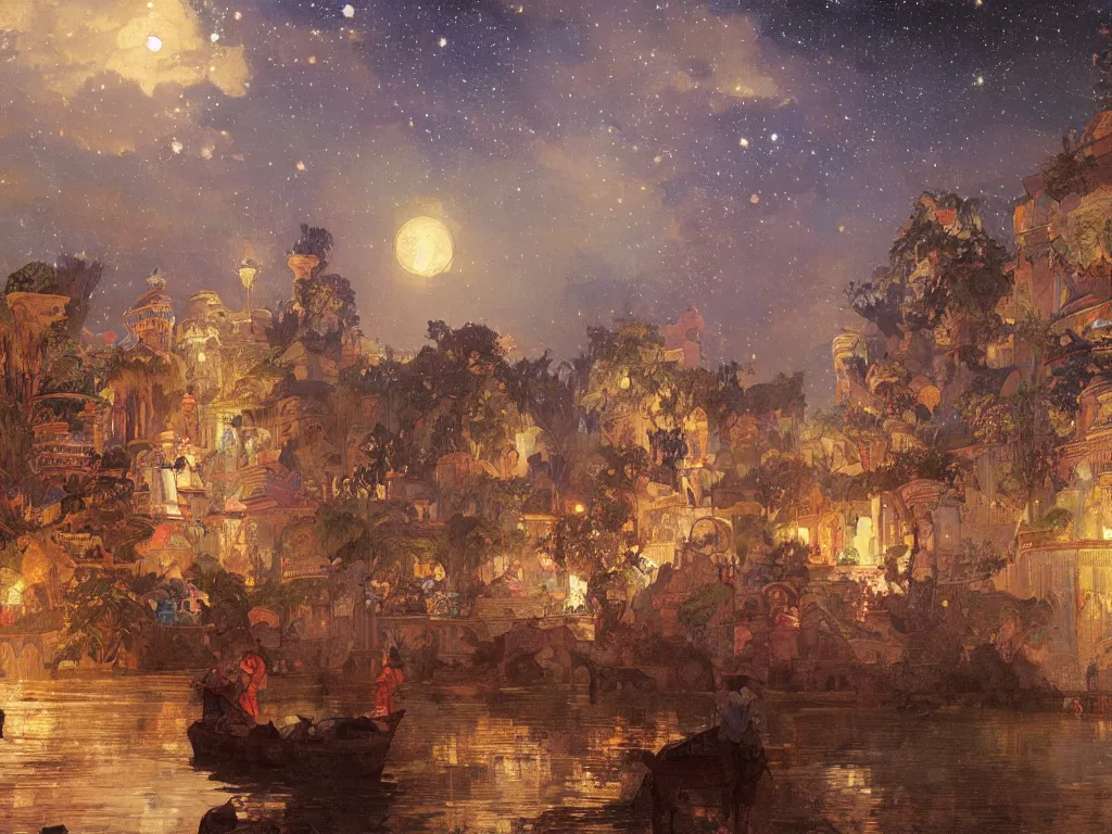 Image similar to a beautiful painting of the view from the river of the lantern festival in a an ancient egyptian city, at night with a sky full of stars, intricate, elegant, highly detailed, digital painting, artstation, concept art, by krenz cushart and artem demura and alphonse mucha