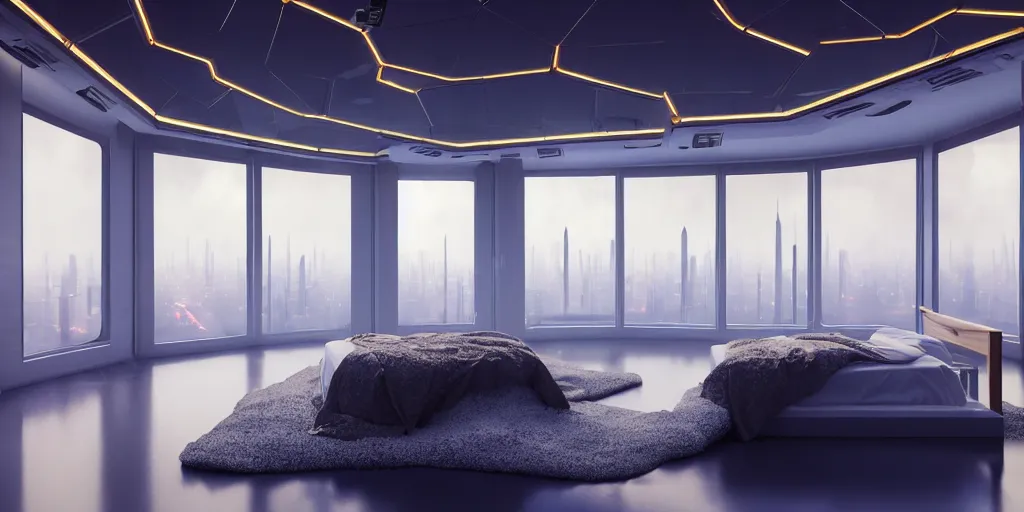 Prompt: a futuristic confy white bedroom, with wood and gold details and a huge glass window overlooking blade runner 2 0 4 9 city architecture, space x starship rocket launch site, environmental lighting, stormy weather, ray tracing, amazing view, highly detailed, heavy traffic, neon shops, octane render, unreal engine 5, 4 k