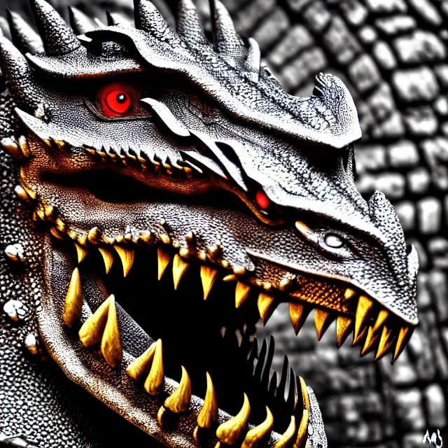 Prompt: armoured dragon, highly detailed, 8 k, hdr, smooth, sharp focus, high resolution, award - winning photo