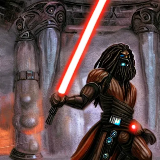 Prompt: fan dark an ancient art style, very hulking man, with dreadlocks, cybernetic black armor, large massue, walking past in front of star wars temple of coruscant ruins