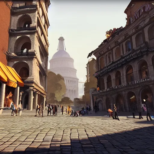Image similar to bustling d & d city with a distant colosseum, first person street view, artstation