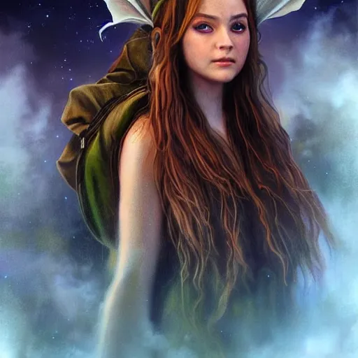 Image similar to 🧝👑🌌🌉🌕💮, realistic painting, high definition, digital art, matte painting, very detailed, realistic