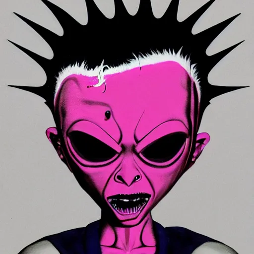 Image similar to a pink punk rock rapper alien with black spiked hair, an airbrush painting by Jamie Hewlett, cgsociety, symbolism, antichrist, aesthetic, 8k