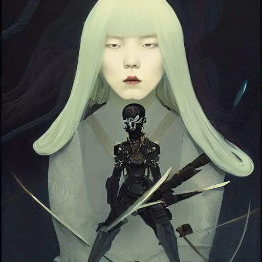 Image similar to portrait girl with armor in style of ghost blade by by hsiao ron cheng, tetsuya ichida, bizarre compositions, tsutomu nihei, exquisite detail, extremely moody lighting, 8 k, art nouveau, old chines painting, art nouveau