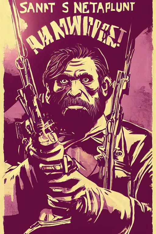 Image similar to saint homo neanderthalis, portrait, propaganda poster, with book of science on his right hand, and riffle, violet polsangi pop art, gta chinatown wars art style, bioshock infinite art style, incrinate, realistic anatomy, hyperrealistic, two colors, white frame border, 4 k, uhd, remove duplicate content.