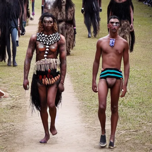 Image similar to a modern day fashion catwalk of an australian aborigine