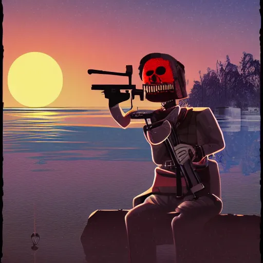 Image similar to digital art, trending on artstation, manny calavera sitting with a rifle, in a cabin, on a lake, sunrise, grim fandango style,