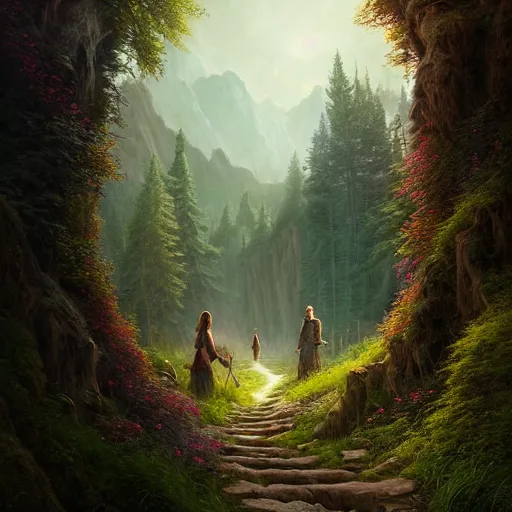 Image similar to beautiful matte painting of archway fantasy path into the mountainous sloping meadow and slightly forested background, atmospheric lighting, painted, intricate, volumetric lighting, beautiful, rich deep colors masterpiece, sharp focus, ultra detailed by leesha hannigan, ross tran, thierry doizon, kai carpenter, ignacio fernandez rios