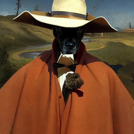 Image similar to a person with the head of a dog and the body of a slender man wearing a cowboy hat and poncho. By Zabrocki, Raphael Lacoste. JC Leyendecker.