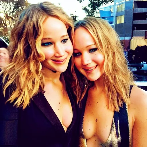 Image similar to Selfie photograph of Jennifer Lawrence and Jennifer Lawrence, golden hour, 8k,