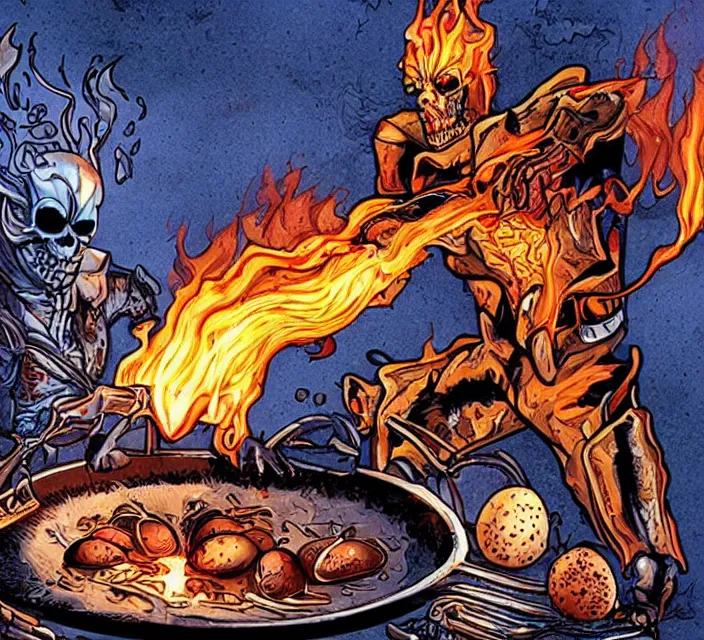 Image similar to ghost rider cooking eggs with his fire