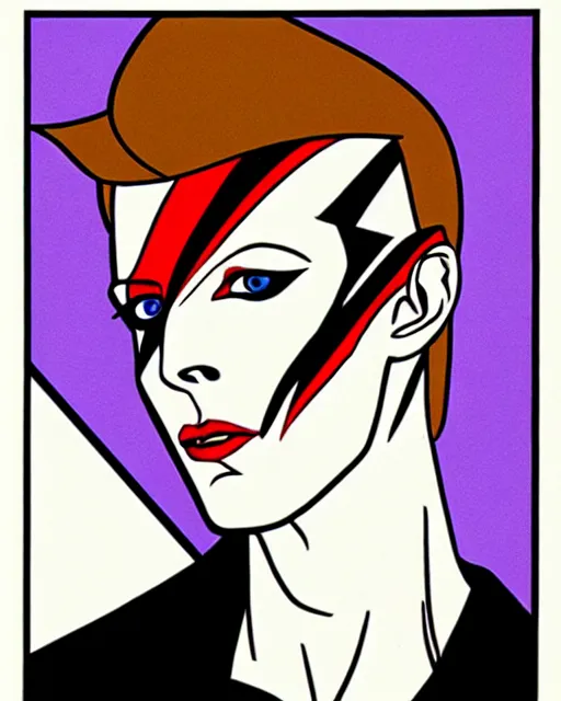 Prompt: Aladdin Sane era David Bowie, by Patrick Nagel for Vogue Italia