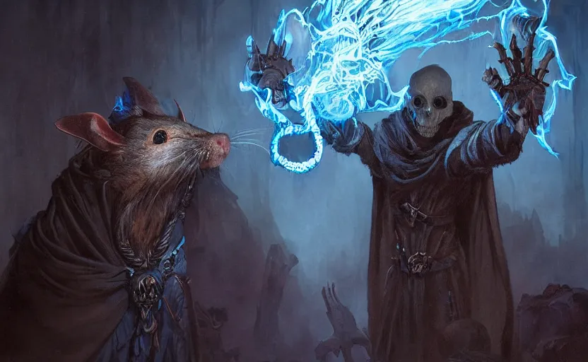 Image similar to portrait of a humanoid rat sorcerer with a rat skull for a head and holding a blue flame in each bony hand, laser eyes, dark hooded sorcerer robes, fantasy, d & d, greg rutkowski, frank frazetta, intricately detailed, impressive lighting, misty environment, power stance, ultimate power, doom, 8 k hdr