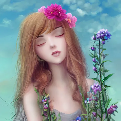 Image similar to a picture of a dreaming woman with flowers grow out of hair, roses peonies forget-me-nots dahlias lupins gladioli, sky theme in background, Digital Art, Trending on artstation