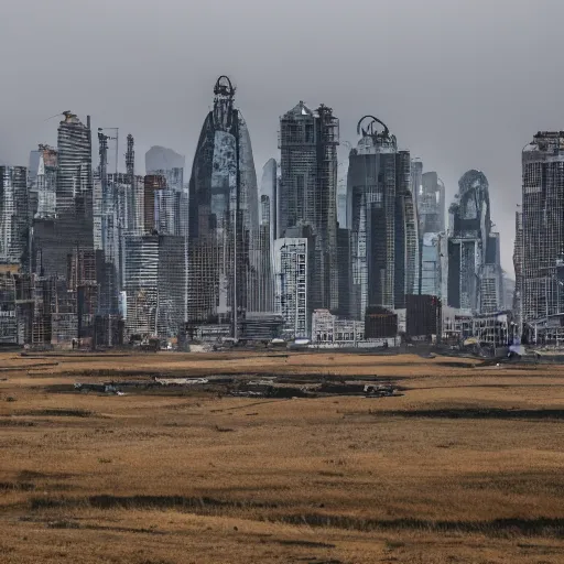 Image similar to Giant megacity looming across the landscape, dystopian, post apocalyptic, XF IQ4, f/22, ISO 200, 1/160s, 8K, RAW, unedited, symmetrical balance, in-frame