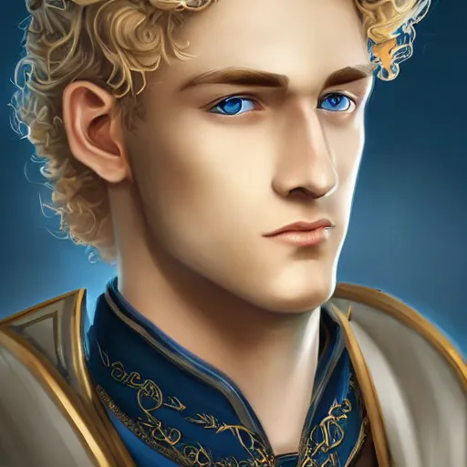 Image similar to portrait, 27 years old man, blue eyes, blond curls, charming, handsome :: rich expensive medieval clothes :: high detail, digital art, fantasy, RPG, concept art, illustration