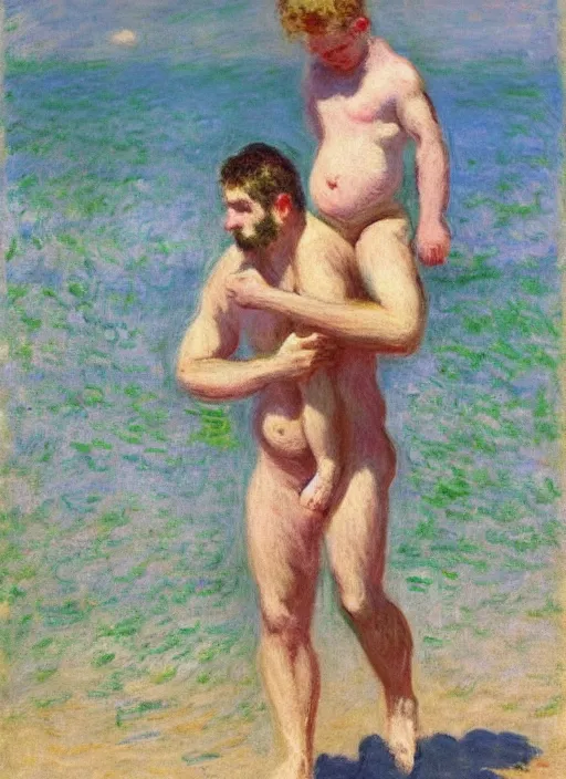 Prompt: a clothed man carrying his child over his shoulders walking near the beach, anatomically correct, painting by monet, masterpiece