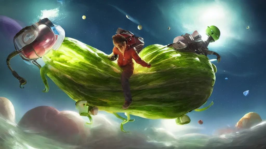 Prompt: Android cowboy riding a giant vegetable in outer space, volumetric lighting, digital painting, artstation, very detailed, hyperrealistic