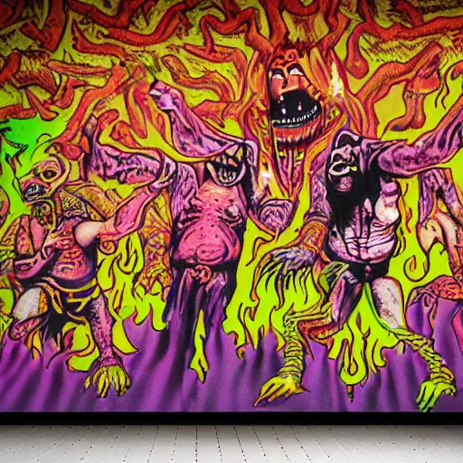 Image similar to mural of demons in rave party in hell by Chor Boogie