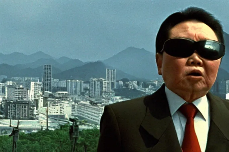Image similar to a filmstill of Kim Jong-il looking at Starro Kaiju monster destroying Pyongyang, in Bullet Ballet by Shinya Tsukamoto (1998), traditional Korean city, palace, epic ultrawide shot, cinémascope