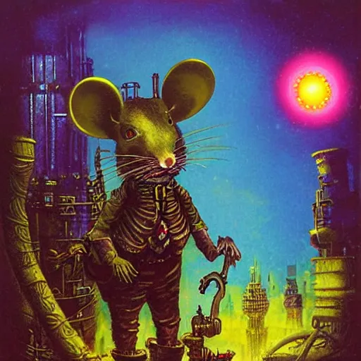 Image similar to steampunk rat, acid, 303, psychedelic, by paul lehr, cd cover