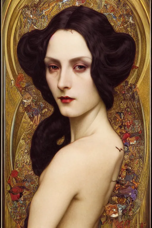 Prompt: masterpiece painting of beautiful vampire queen by donato giancola, remedios varo and tom bagshaw, face by artgerm and edmund leighton, alphonse mucha, background by james jean and gustav klimt, 8 k, horror, majestic, volumetric lighting, porcelain skin, french nouveau, trending on pixiv
