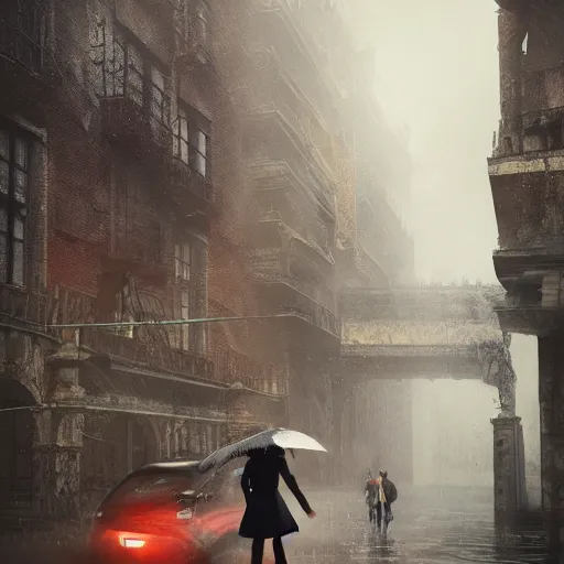 Image similar to maia sandu is walking on a city with ruins, heavy rain, late at night, mist, cinematic, highly detailed, powerful, cinematic, beautifully lit, high details, photorealistic. artstation trending, octane render, volumetric lighting, sharp focus, bokeh, digital painting by wlop, rossdraws