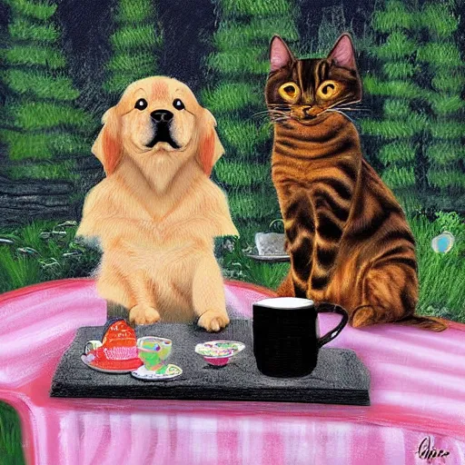 Prompt: digital art painting, golden retriever and a black kitty having a tea party in the forest