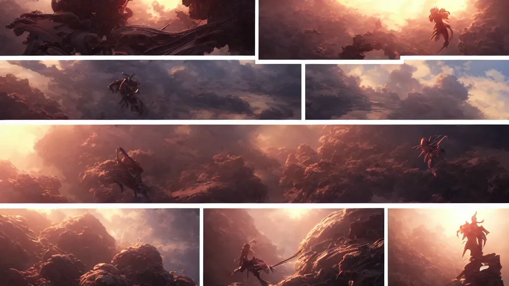 Image similar to highly detailed comic spread combination of art styles depicting an impactful action scene with expert design fictional characters, highly detailed, dynamic art by sakimi, moebius, makoto shinkai, murata, james jean, craig mullins, digital painting, masterpiece, best selling, pixiv, volumetric lighting, realistic shaded lighting, 8 k, highly detailed render,