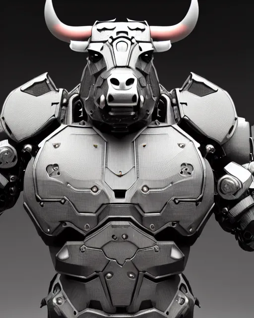 Prompt: a full body shot of a imposing cyborg ( bull ) modeled after a bull with open eyes looking into the camera, intricate pattern, hard rubber chest, highly detailed, android, cyborg, full body shot, intricate, 3 d, hyper realism, symmetrical, octane render, fantasy, highly detailed, digital art, artstation, strong bokeh