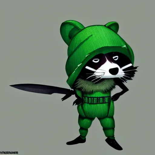 Image similar to a raccoon in a green rouge outfit with a dagger, trending on art station