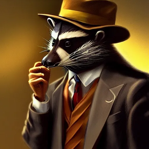 Image similar to a racoon wearing a suit smoking a cigar on his mouth, dramatic lighting, cinematic, establishing shot, extremly high detail, photorealistic, cinematic lighting, artstation, style by James Gurney