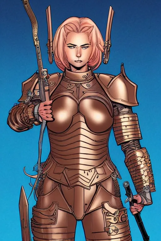 Image similar to comic cover art of a stunning female paladin wearing copper armor, inspired by gunsmith cats and tank girl, illustration by jenny frison and sana takeda, intricate details, stunning inking lines, stunning gradient colors, 4 k, hd, artstation
