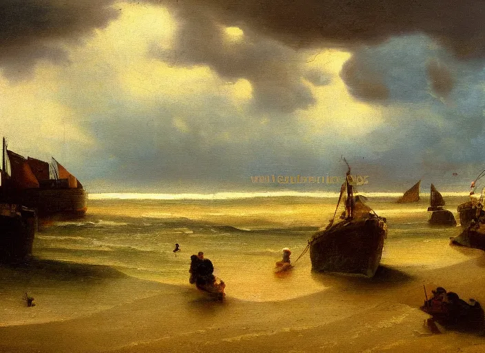 Image similar to the beaches of normandy before d - day, stormy weather in the style of hudson river school of art, oil on canvas