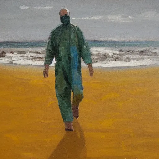 Image similar to a man in a yellow hazmat walking on an abandoned beach, oil painting