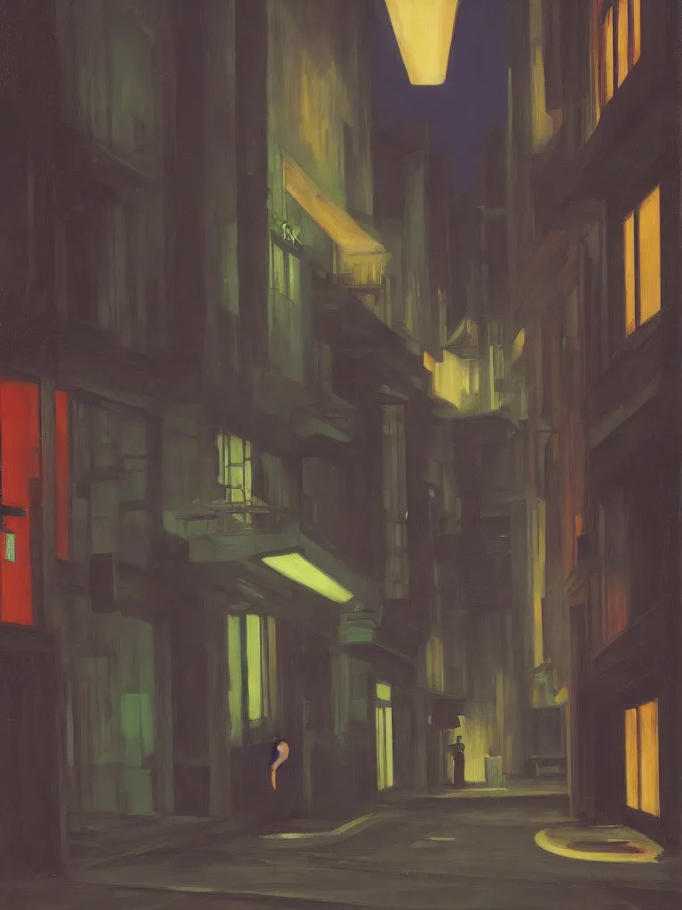 Prompt: a dark alley with abandoned buildings, a nightclub with neon signs by edward hopper