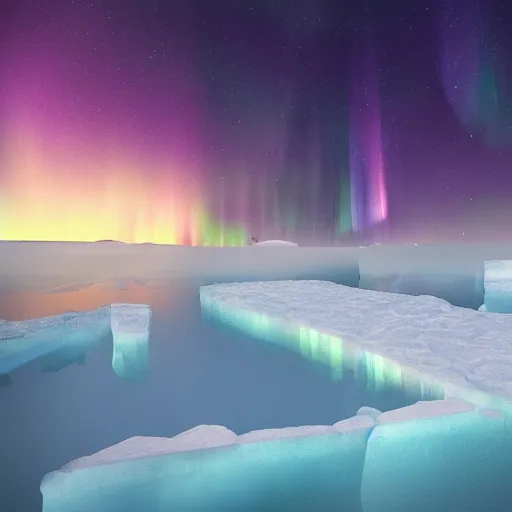 Image similar to a subartic island with a log cabin surrounded by icebergs with Aurora borealis ultra realistic 8k bordering on artstation