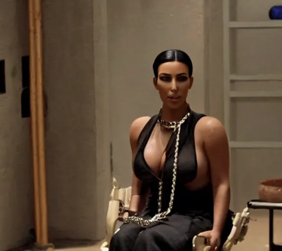 Prompt: a movie still of kim kardashian as a handcuffed prisoner with a chain around her neck bonded to a chair in the movie star wars