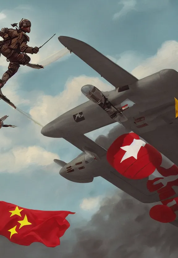 Prompt: [St.Georges fighting a plane adorned with checkered flag. Soviet and chinese Propaganda!!! poster!!!, elegant, highly detailed, digital painting, artstation, concept art, matte, sharp focus, illustration, octane render, unreal engine, photography]