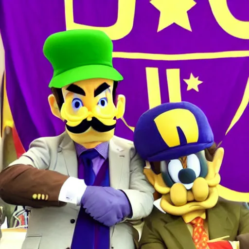 Prompt: president waluigi with vice president wario, real, real photo, photograph, photo, color