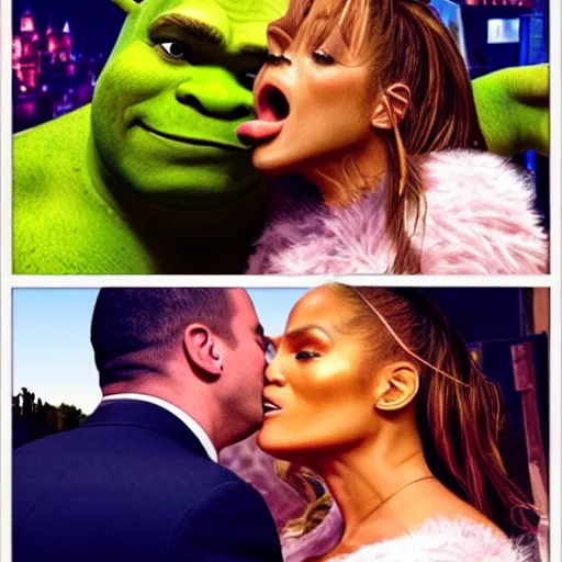 Image similar to shrek kissing jennifer lopez, realistic, cctv chest cam, ultra detailed, 😂🎉💩💨