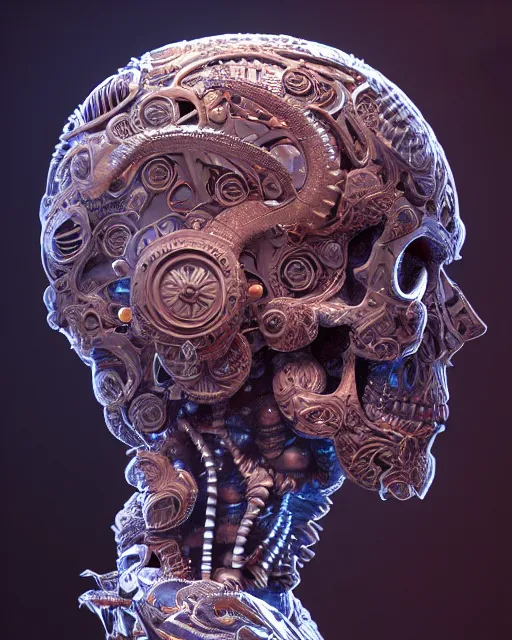 Image similar to 3 d ornate carved robot with tattoos profile portrait, sigma 5 0 0 mm f / 5. beautiful intricate highly detailed skull. bioluminescent, plasma, lava, ice, water, wind, creature, thunderstorm! artwork by tooth wu and wlop and beeple and greg rutkowski, 8 k trending on artstation