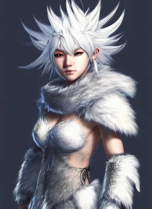 Prompt: warrior, fur - lined wolf armor!!! beautiful and gorgeous white hair female!! monster hunter!! character concept art, sharp focus, octane render! unreal engine 5! highly rendered!! trending on artstation!! detailed linework!! illustration by artgerm, wlop, and chie yoshii